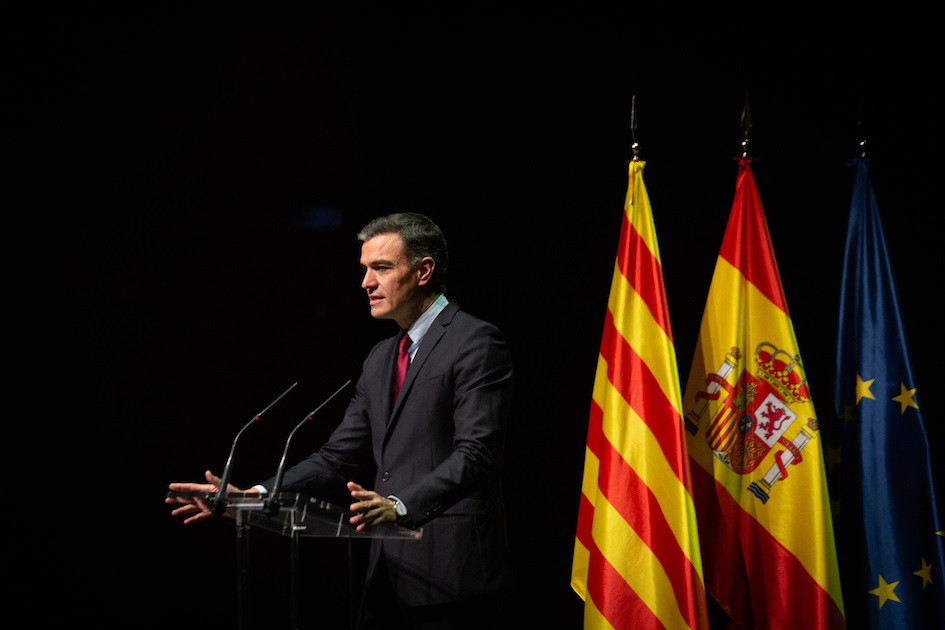 El presidente del Gobierno, Pedro Sánchez, durante la conferencia en el Liceu de Barcelona.