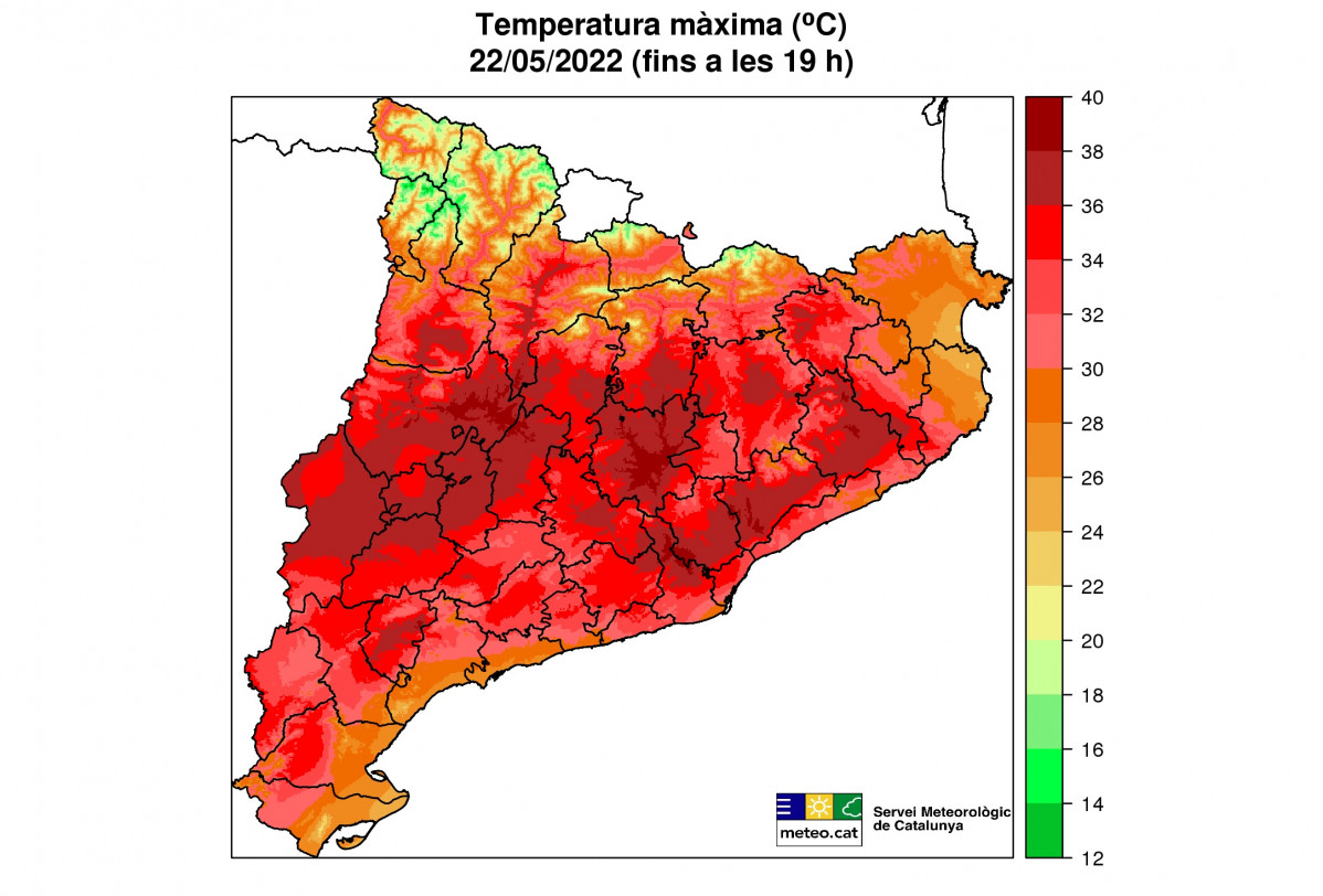 Mapa de temperaturas máximas registradas el 22 de mayo de 2022 en Catalunya